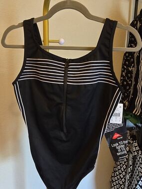 Miraclesuit Black One-Piece Swimsuit with White Stripes NWT